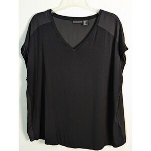 Tahari Womens XL Black Mixed Media V-Neck Short Sleeve Top Chiffon Back Blouse